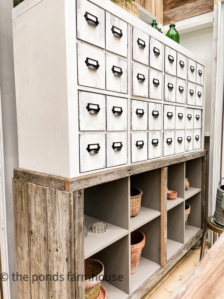 Apothecary or Card Catalog Cabinet made from a 16-cube IKEA Storage Unit- Amazing Furniture Transformation.