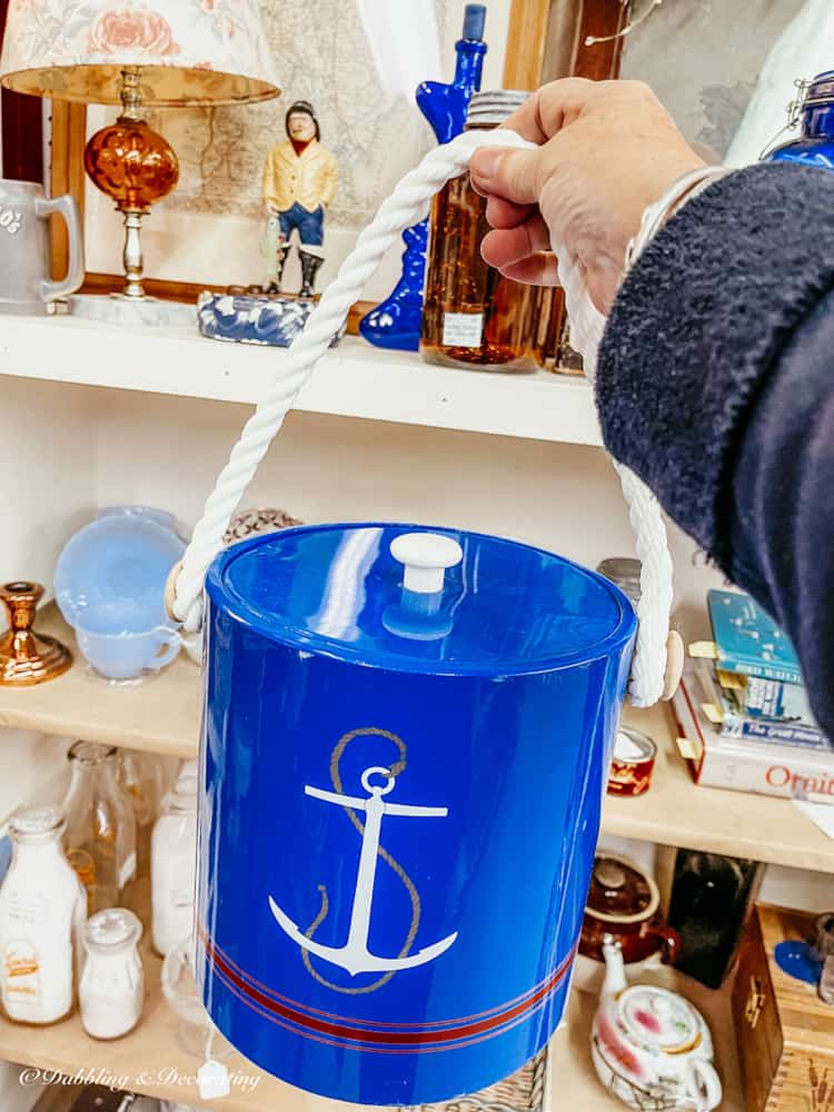 Nautical ice bucket, thrifted ice buckets, barn sale finds