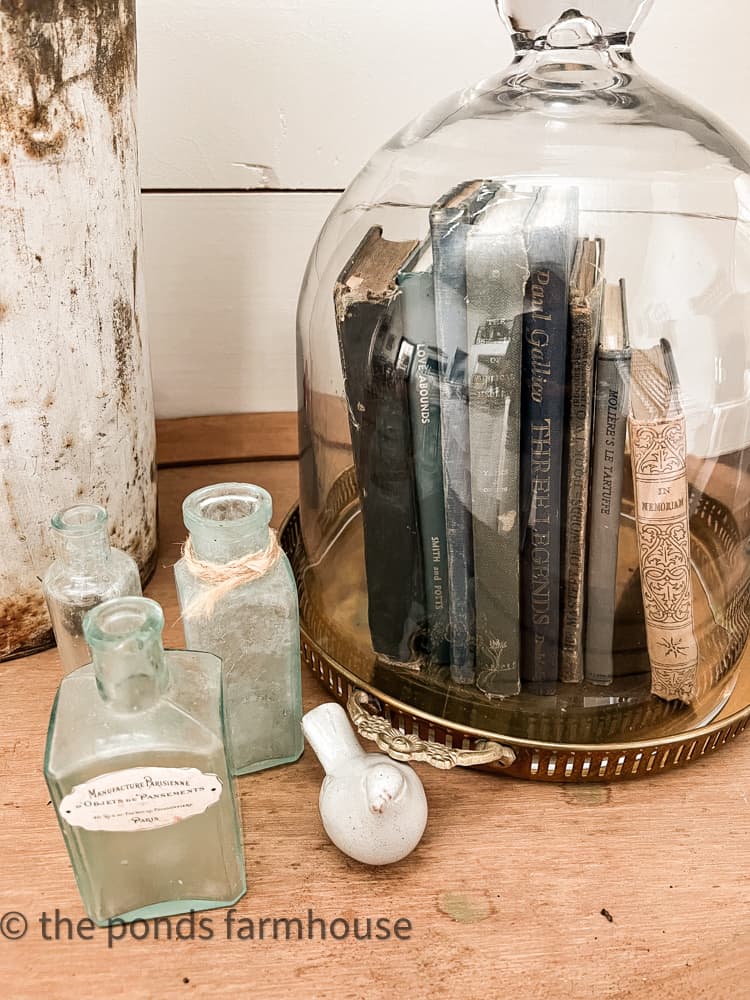 Books under glass dome beside vintage glass bottles.
