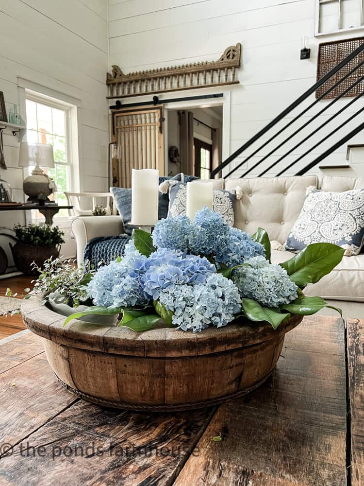 blue hydrangeas in wooden bowl for summer inspiration with Shades of Blue Colors