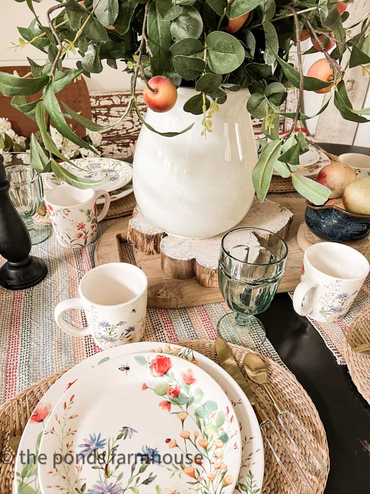 Several Shades of Blue Colors can be seen on the Summer Tablescape - vintage plates