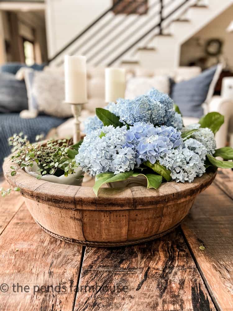 Shades of Blue Summer Home Tour. Wooden bowl filled with blue hydrangeas.  