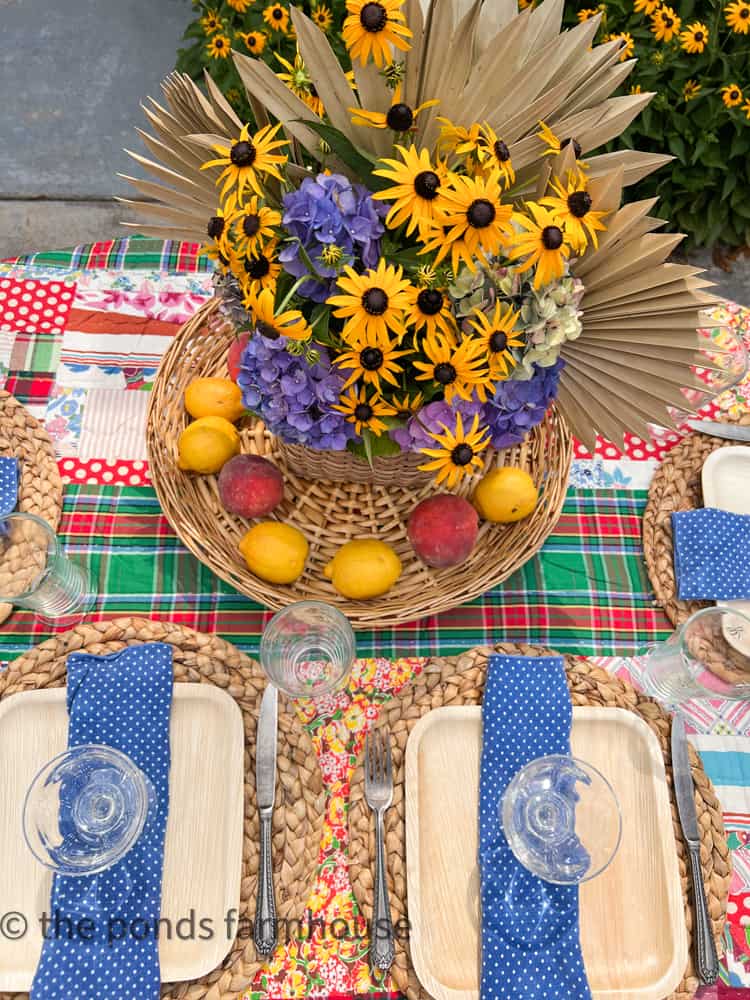 Free Centerpiece made with hydrangeas & black eyed susan's for outdoor cookout or backyard B B Q