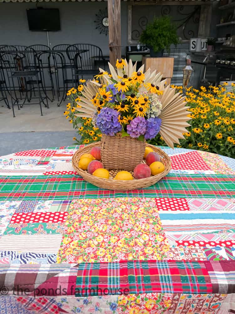 Free Centerpiece for outdoor dining table for cookout party. Quilt tablecloth ideas