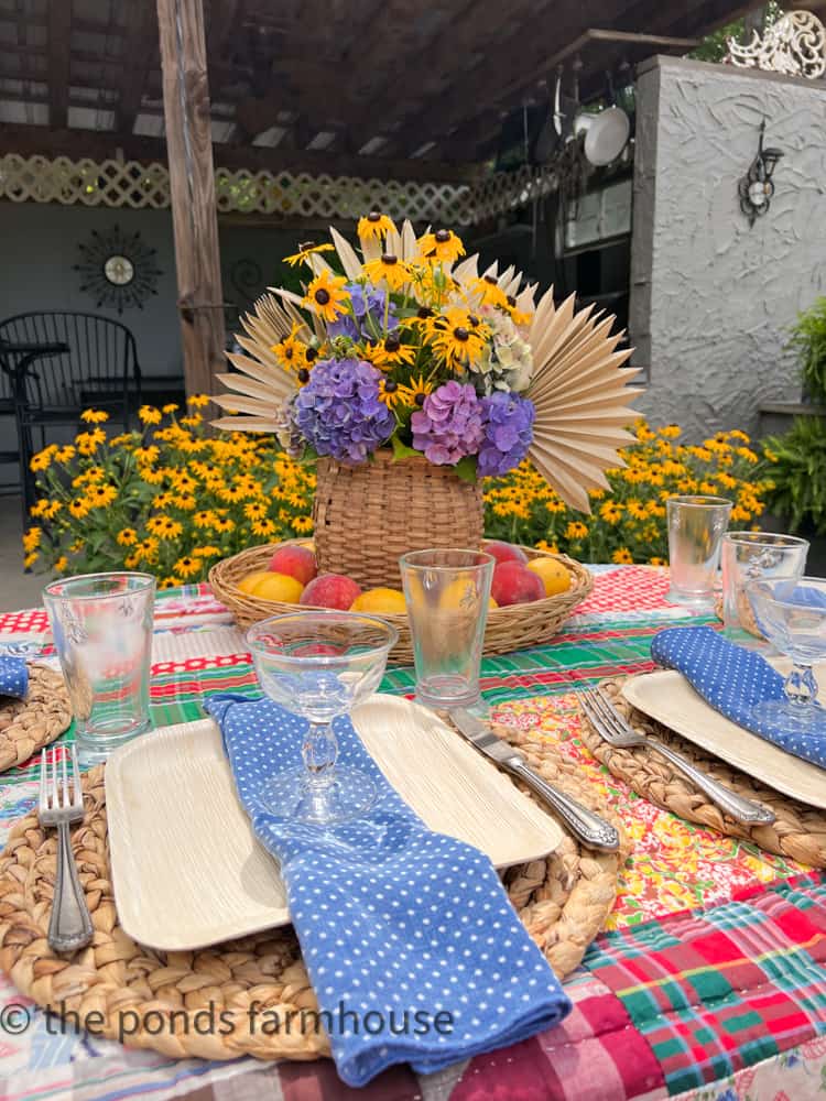 Bamboo Plates & thrifted napkin with thrifted parfait glasses for outdoor  B B Q
