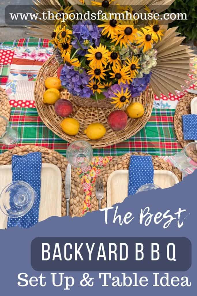 Backyard  B B Q Table Setting for an outdoor B B Q or outdoor cookout with vintage quilt, free centerpiece