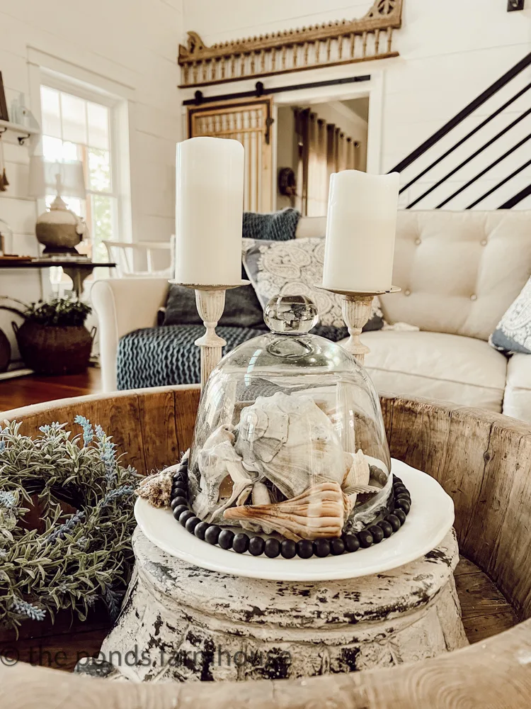 Fill a cloche with collected seashells for instant coastal vibe and summer beach decor ideas