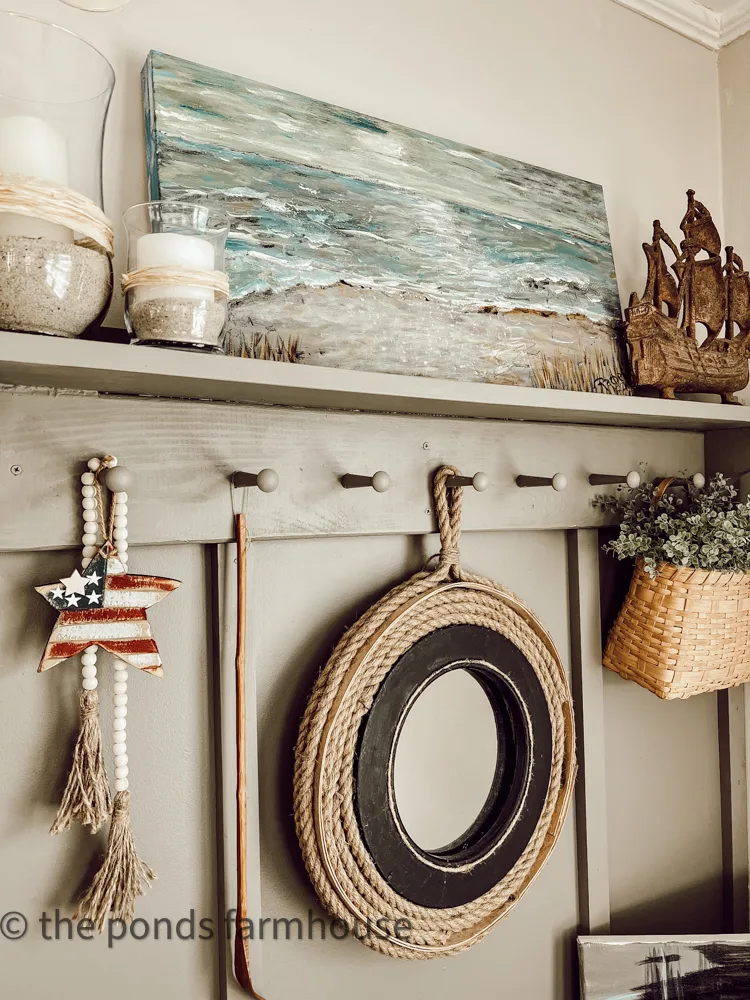 DIY Project for coastal decor sand filled candle holders and nautical rope mirror.  Beach Decor