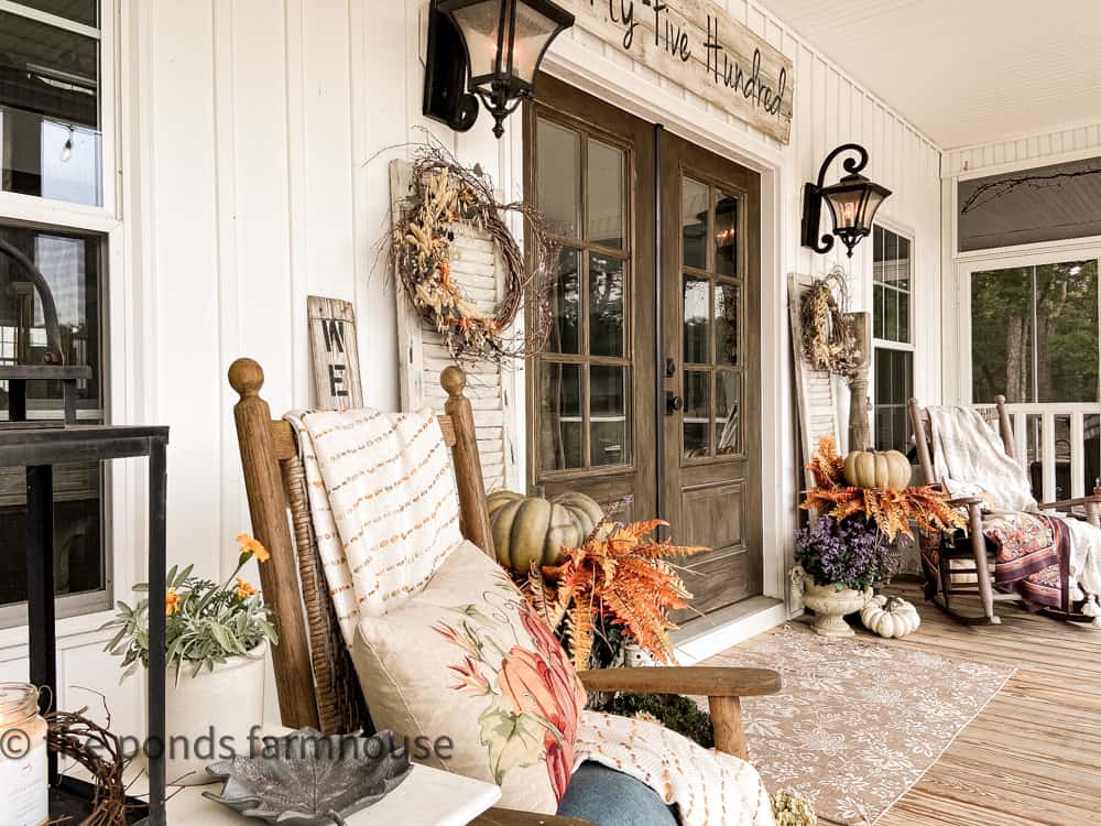Farmhouse Fall Porch Tour with Rocking Chairs with fall throw blankets and fall pillows