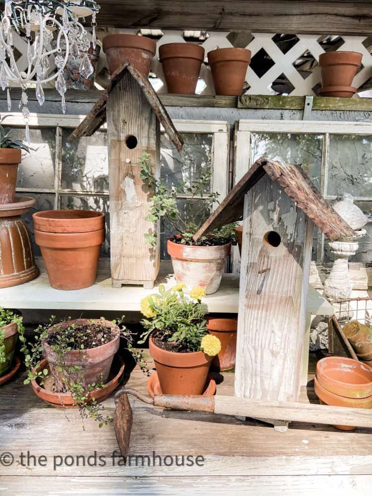 Cute DIY Rustic Birdhouses built from scrap materials.  Learn How To build birdhouses for potting bench.