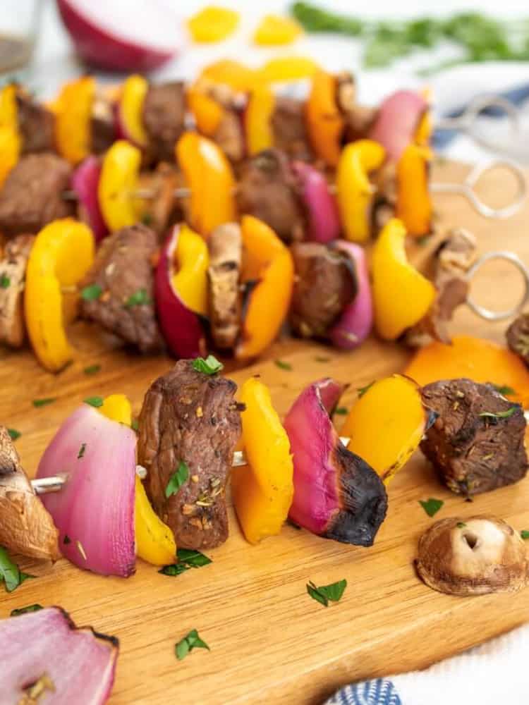 Colorful Steak and Veggie Kabobs for grilling at Backyard B B Q Supper Club