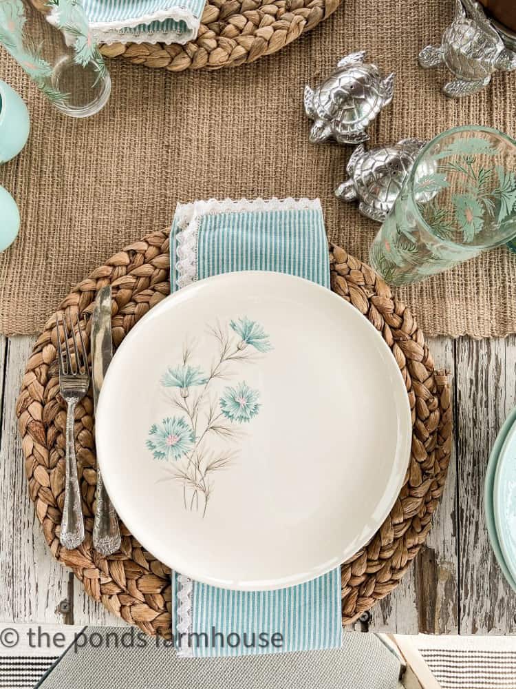 Decorate with vintage dishes for unique tablescape ideas in modern farmhouse kitchen.