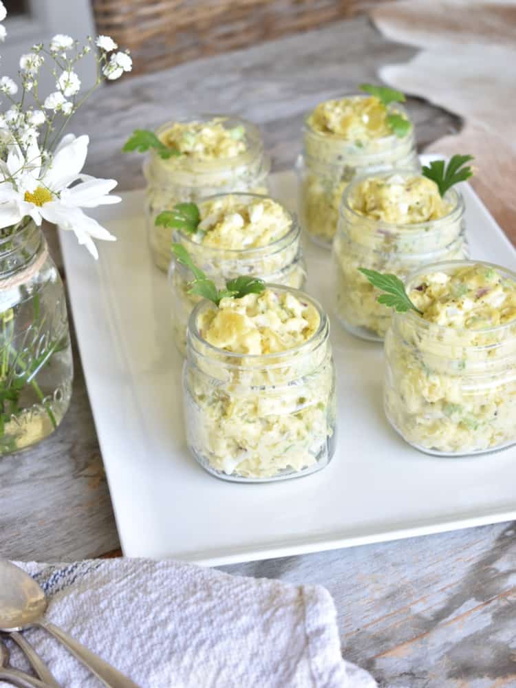 Potato Salad recipe served in mason jars for backyard B B Q Dinner Menu