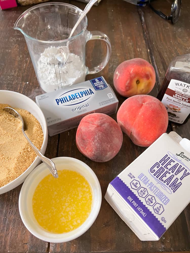 Ingredients for peach and cream parfait dessert recipe.  Icebox recipe. Peach desert ideas. Fresh peaches