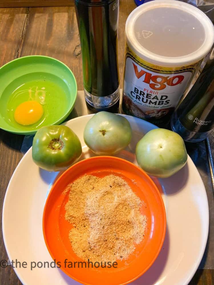 Air Fried Recipe includes egg, green tomatoes and plain bread crumbs for coating the tomatoes