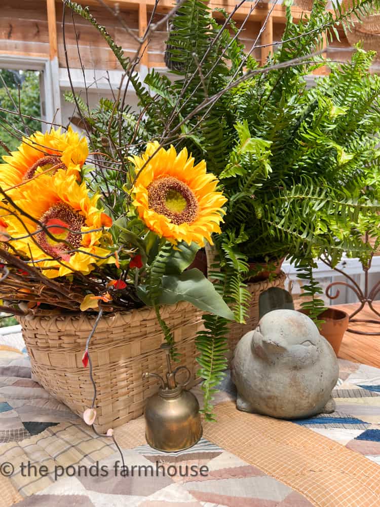 Sunflower Season in the Greenhouse with a basket filled with sunshine and ferns.  She Shed Happiness.  