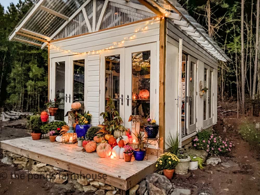 Ideas for fall decorating outdoors on the greenhouse she shed porch with pumpkin, mums and candles.  