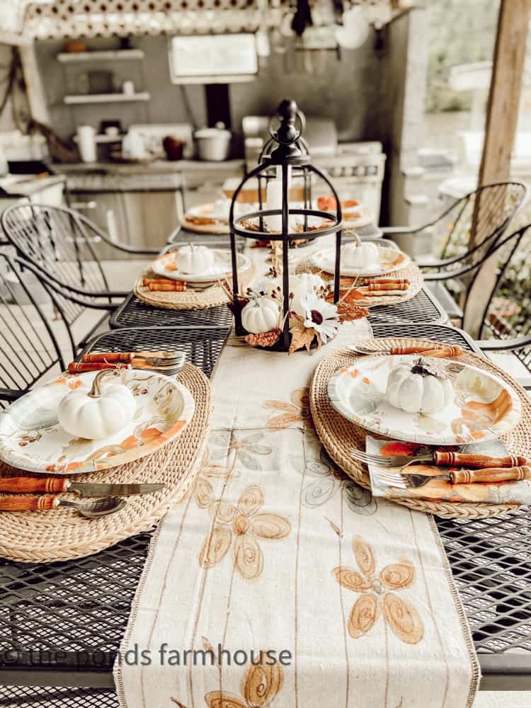 Hand Painted DIY Fall Home Decor for Autumn Tablescape.  Drop Cloth Craft made into a fall painted table runner.  