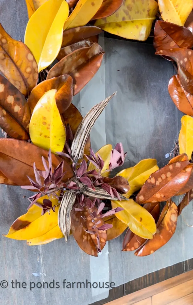 Dried Okra Pods and Nandina Leaves make a great addition to the preserved leaf wreath for fall. 