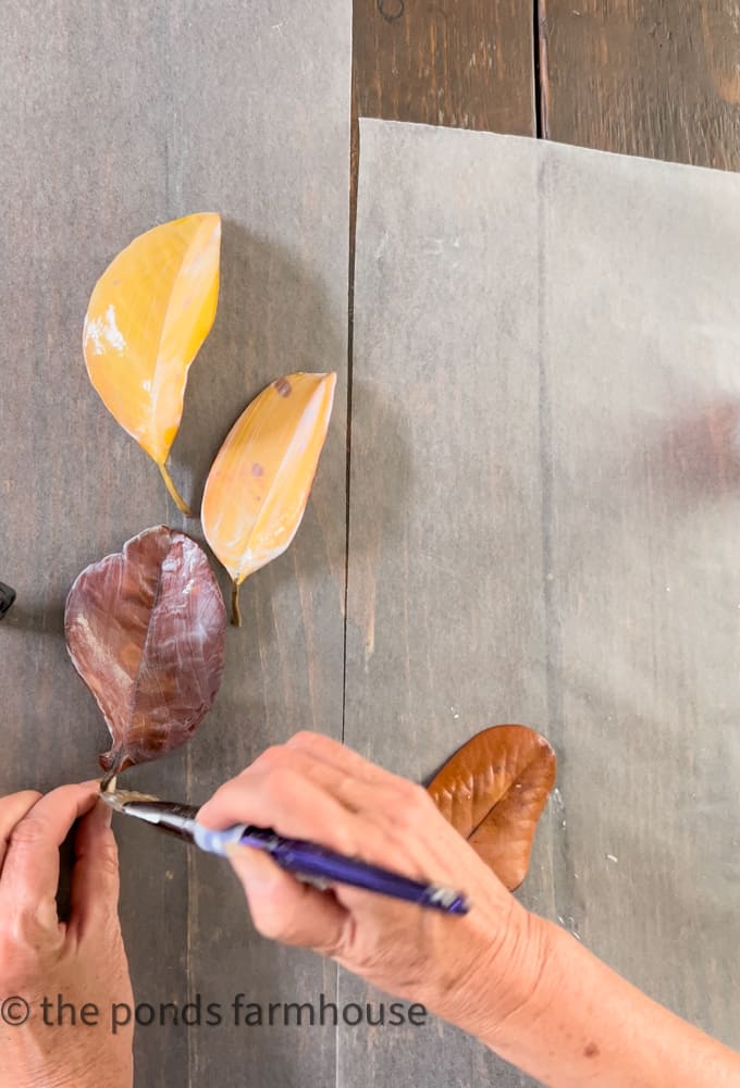 How to preserve leaves with mod podge.  Use wax paper to protect your table top. 