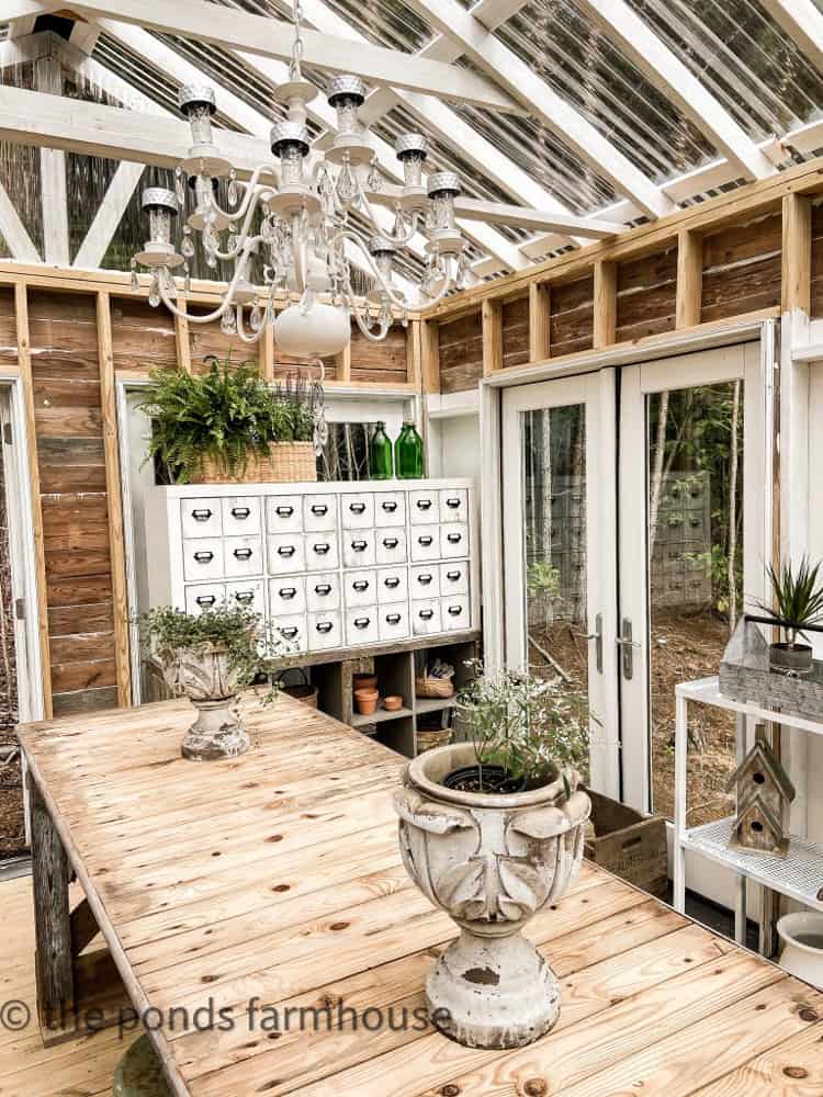 DIY Solar chandelier is perfect hanging in the greenhouse along with the DIY Apothecary cabinet
