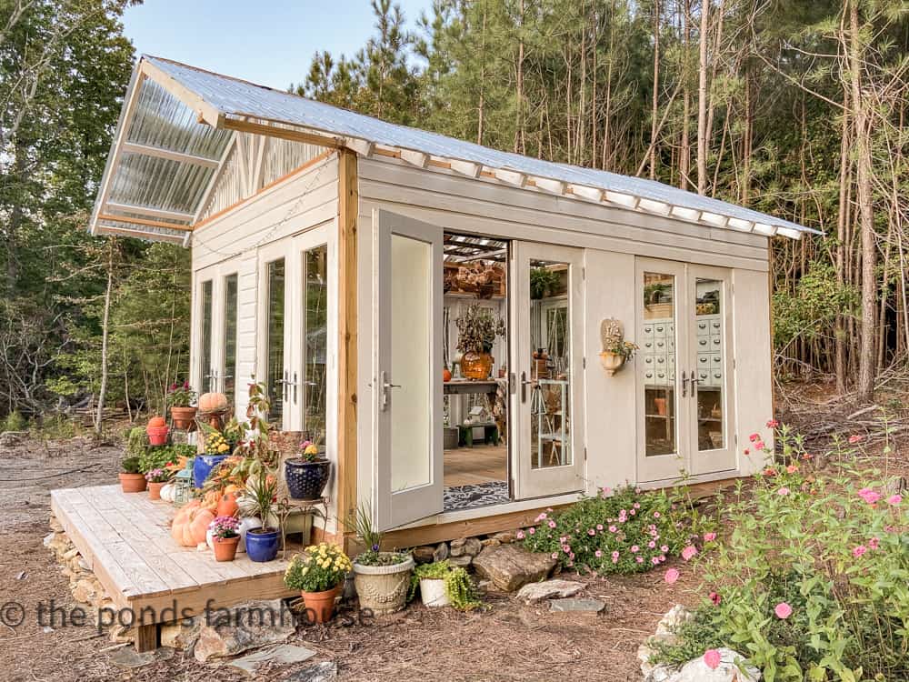 Ideas for fall decorating around the greenhouse she shed, pumpkins fill the porch and late summer blooms. 