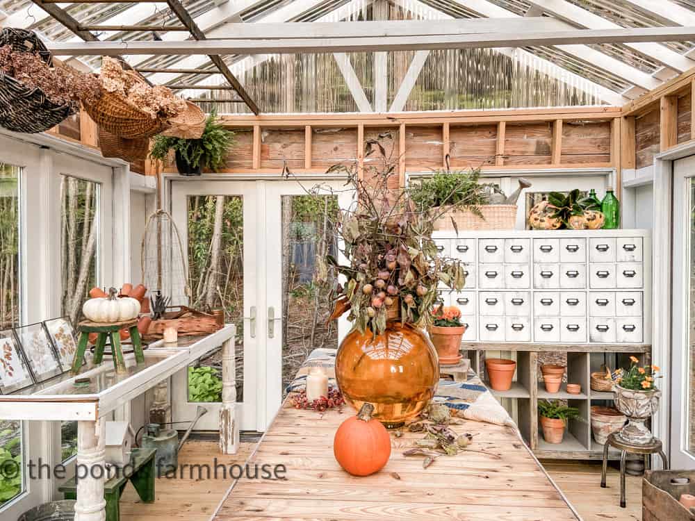 Fall Outdoor Decorating Ideas for Greenhouse with apothecary cabinet and persimmon centerpiece.  
