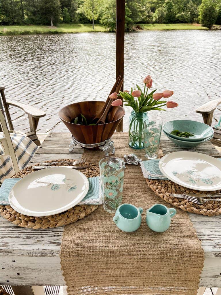 Alfresco Mother's Day Table Setting with Memories of mom using thrift stores dishes and unique accessories.