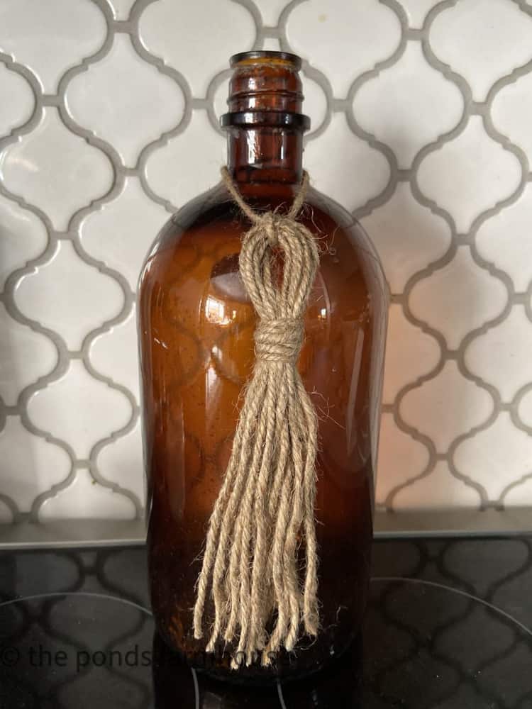 Vintage Amber Bottle with DIY Jute Tassel - Old bottle labels Apothecary Jars.