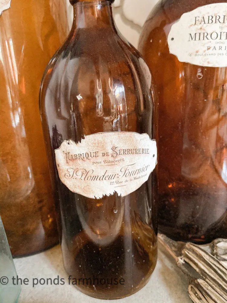 How to make vintage bottle labels. Vintage Amber bottles with distressed faux vintage bottle label.