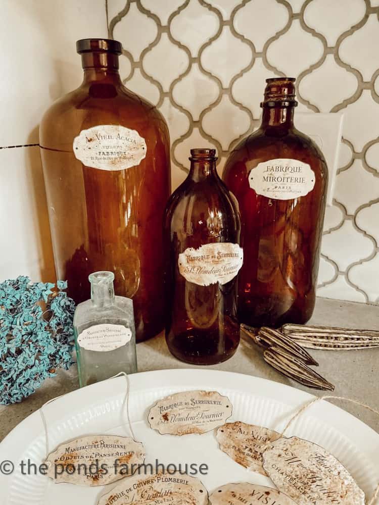 How to make vintage jar labels. Vintage Amber & Blue apothecary jar on ironstone plate.