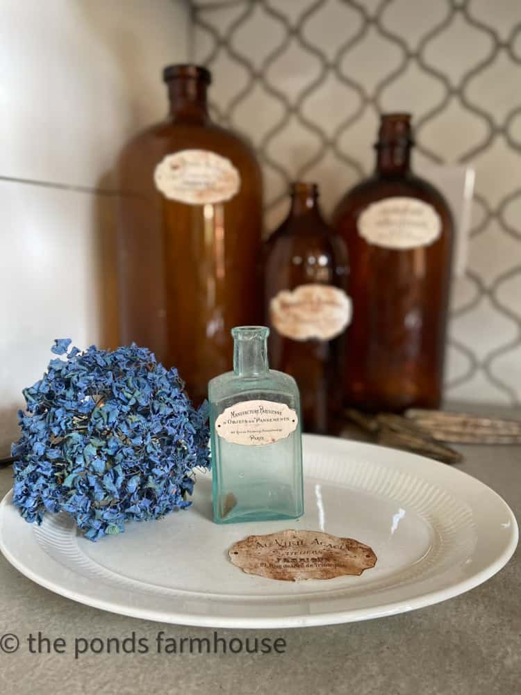  Vintage jar labels. Vintage Amber & Blue Medicine Bottles on ironstone plate. Apothecary Bottle 