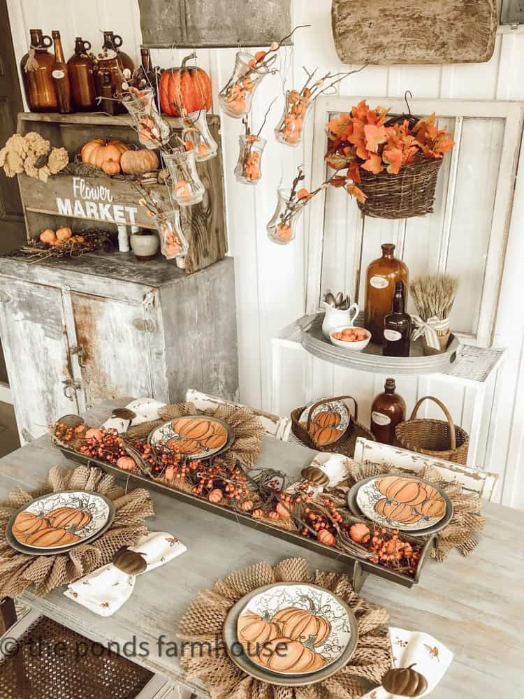 Farmhouse Porch Fall Tablescape with DIY Table Decor packing material plate chargers.  Trash to Treasure tutorial 