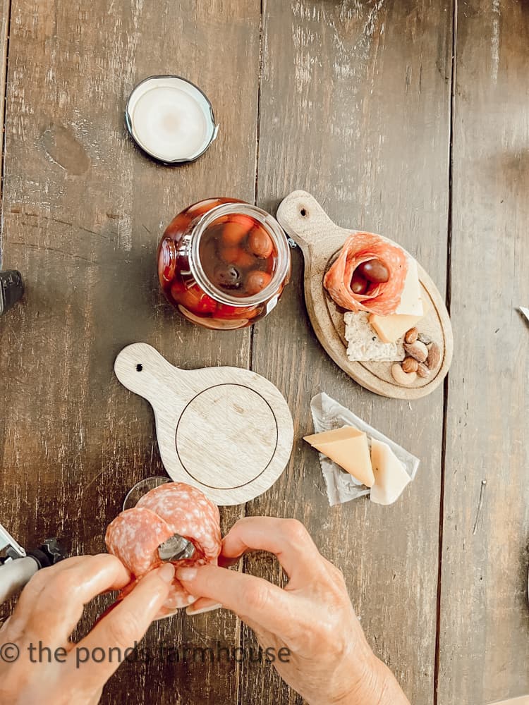 How to make a salami rosette for appetizer tray.  Farmhouse Style Dinner Party Ideas.