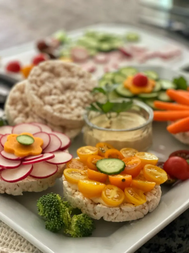 Appetizer - Easy Hummus Recipe with Rice Cake Flowers for Menu for Garden Party themed supper club.