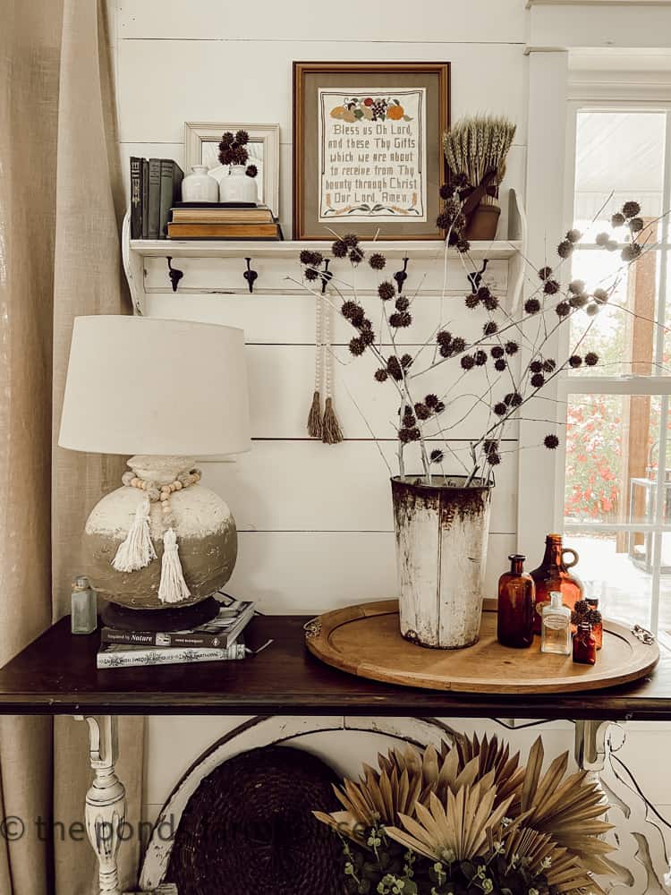 Make Free Fall Decor with Sweet Gum Balls and Fallen branches.  Free Fall Decorating Ideas - Entertaining in the Country