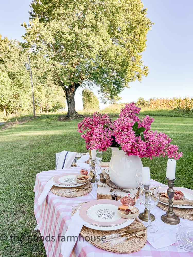 Table setting for outdoor dinner party in the country.  Crepe Myrtle Centerpiece with thrifted tableware.