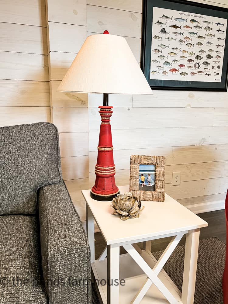 Red Lamp with coastal rope accents for Coastal Lamp Makeover Ideas.  Cottage style lamp transformation.