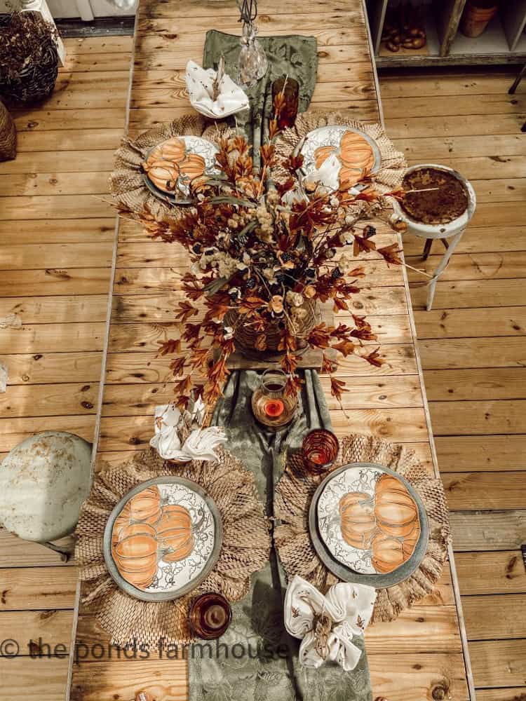 Greenhouse She Shed Fall Table Centerpiece and Fall tablescape ideas.  pumpkin dishes and DIY placemats.