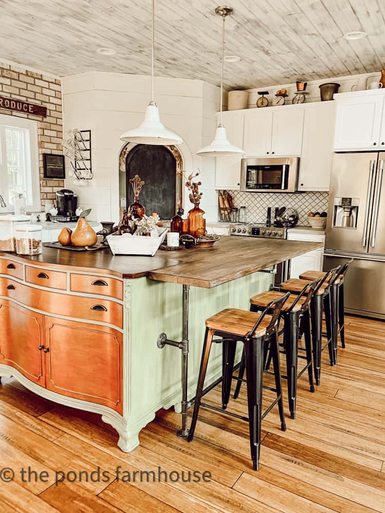 DIY Kitchen Island with Industrial bar eating area and industrial bar stools in modern industrial farmhouse kitchen.