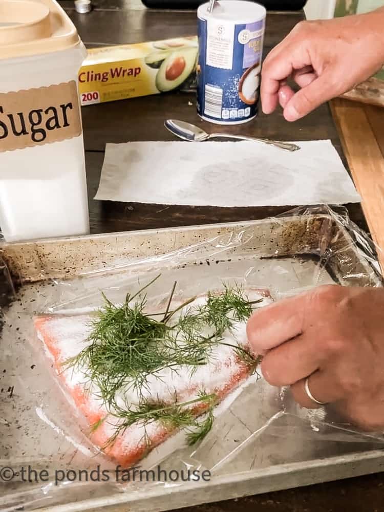 Add dill to top of salmon for cured smoked salmon recipe.  