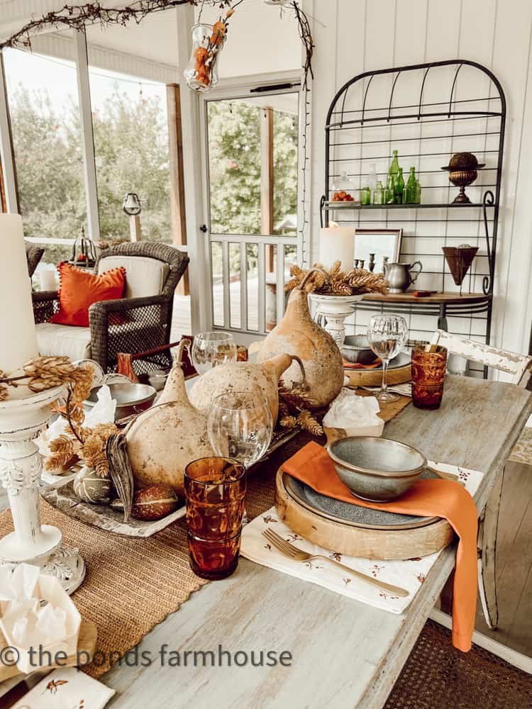 Rustic Tablescape for Fall.  Casual Entertaining on the screened-in porch.  Farmhouse-style, Cottage Style.  