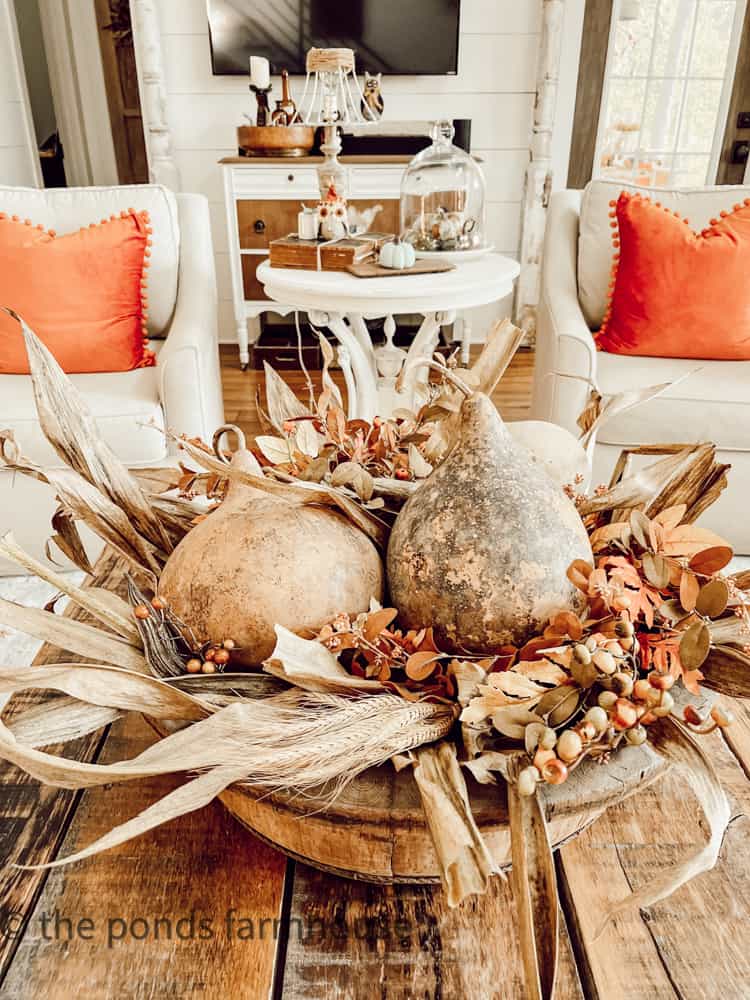 Real Dried Gourdes Centerpiece for Coffee Table in center of the farmhouse living room.