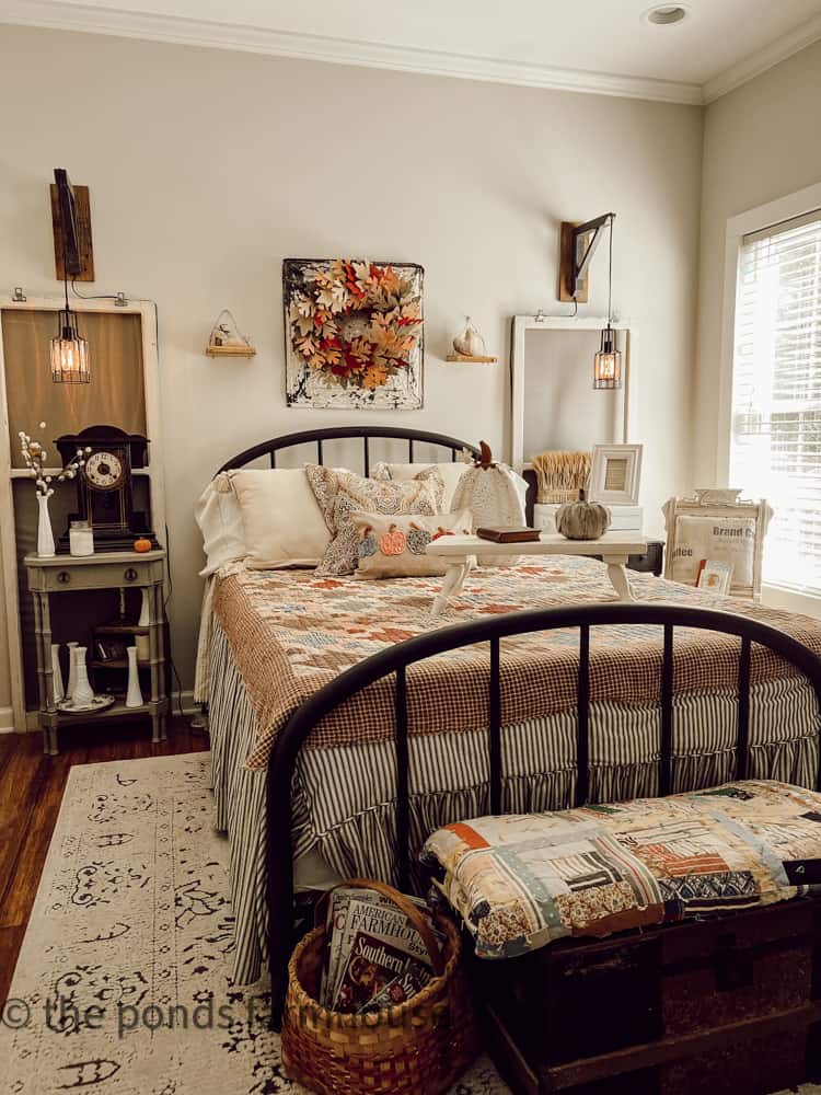 Guest Bedroom decorated with vintage and DIY crafts for fall decorating ideas on home tour