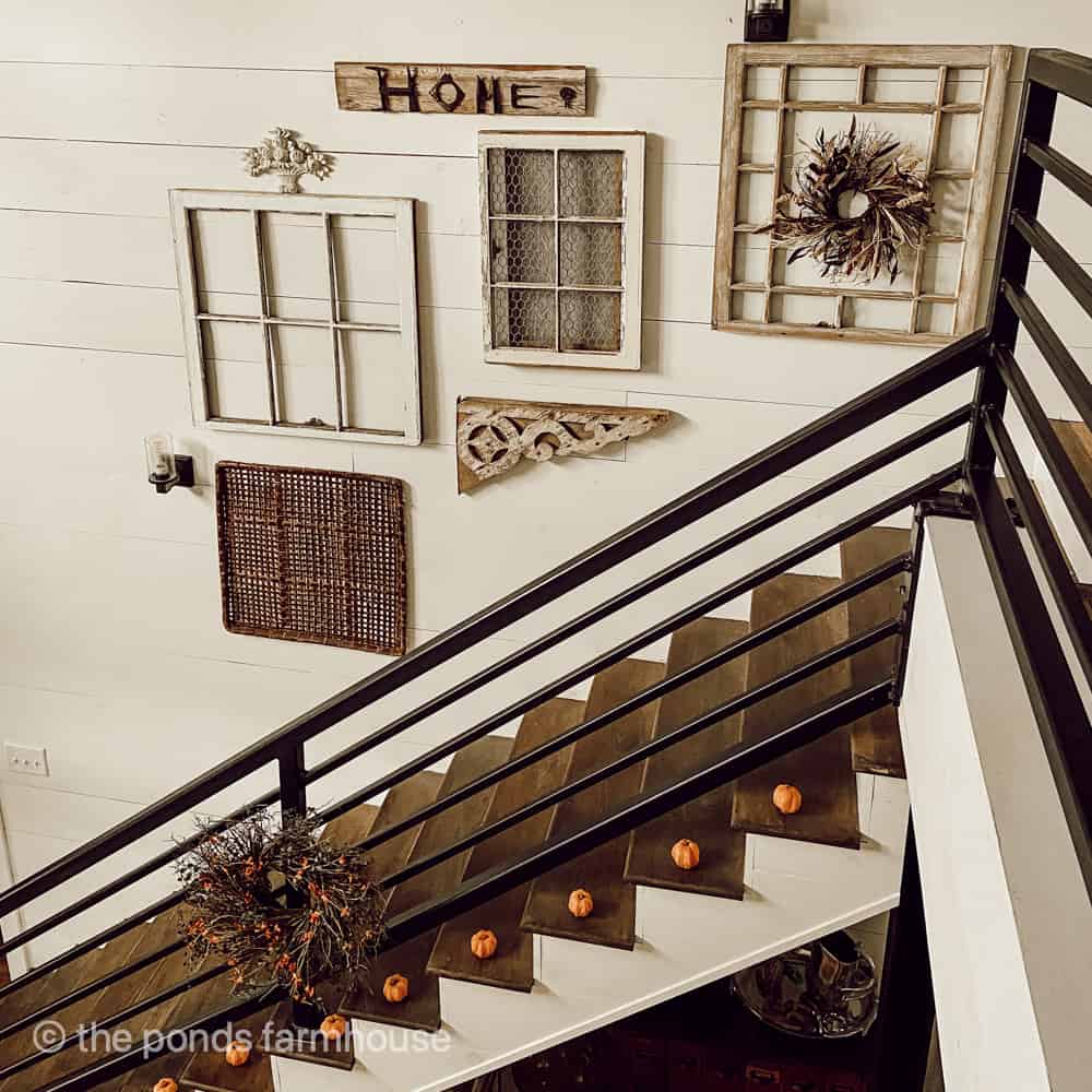 Industrial Stair Case with mini pumpkins for fall for modern farmhouse loft tour.