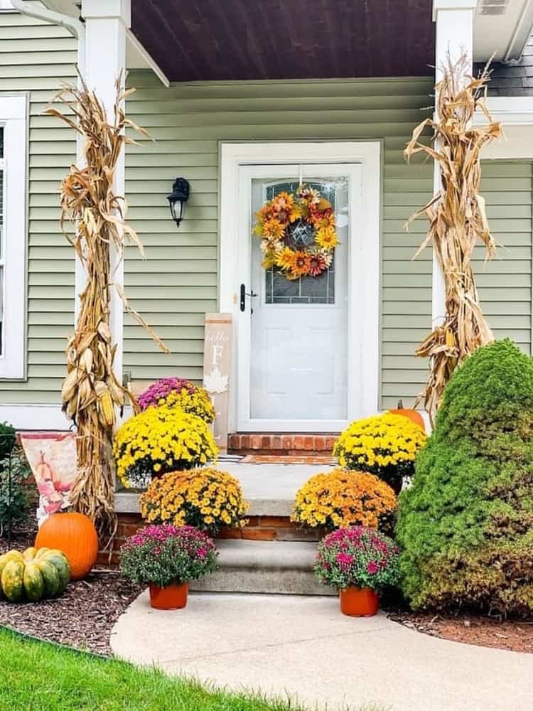 Cottage style stoop decor ideas with mums and corn stalks.  Fall Wreath and Fall Sign.  