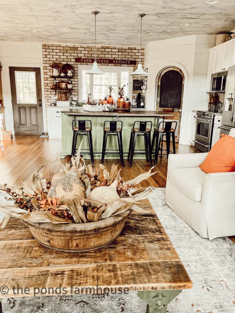 The open Living area connects to the kitchen for Fall Farmhouse Home Tour