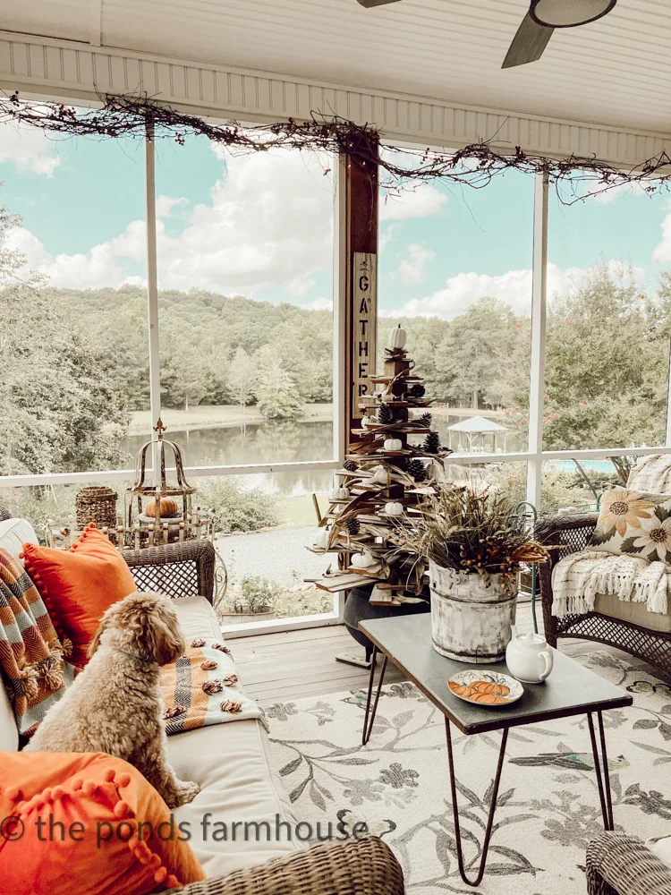 view of ponds from inside the screened-in porch decorated with shiplap fall tree and cozy throw blankets
