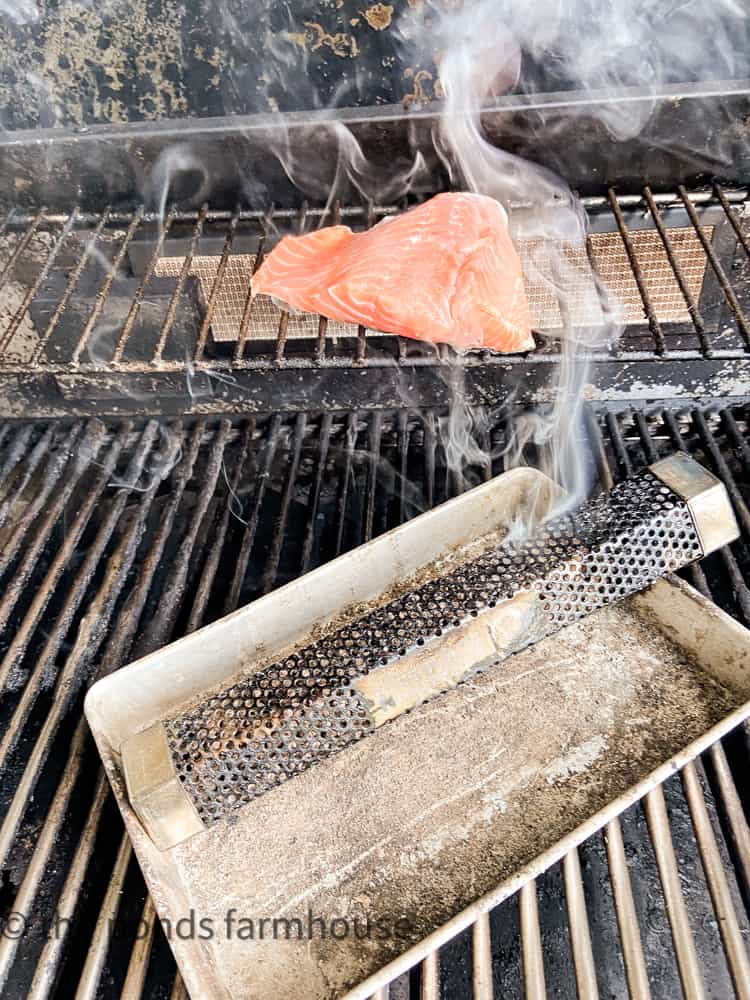 Cured Salmon in Grill for Cold Smoking.  Cold Smoke Salmon with cold smoke Tube 