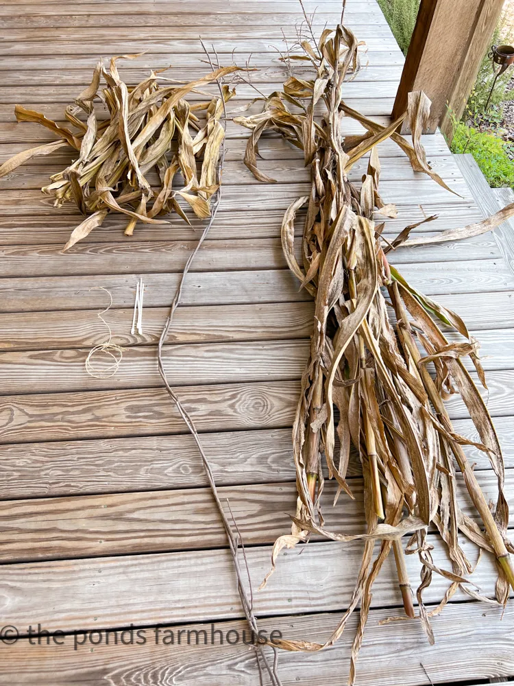 Supplies needed to make dried corn stalks decor craft project.  DIY Fall Garland 
